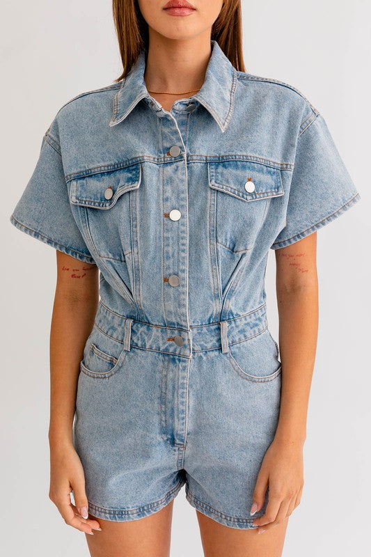 Short Sleeve Denim Romper - Matches Boutique