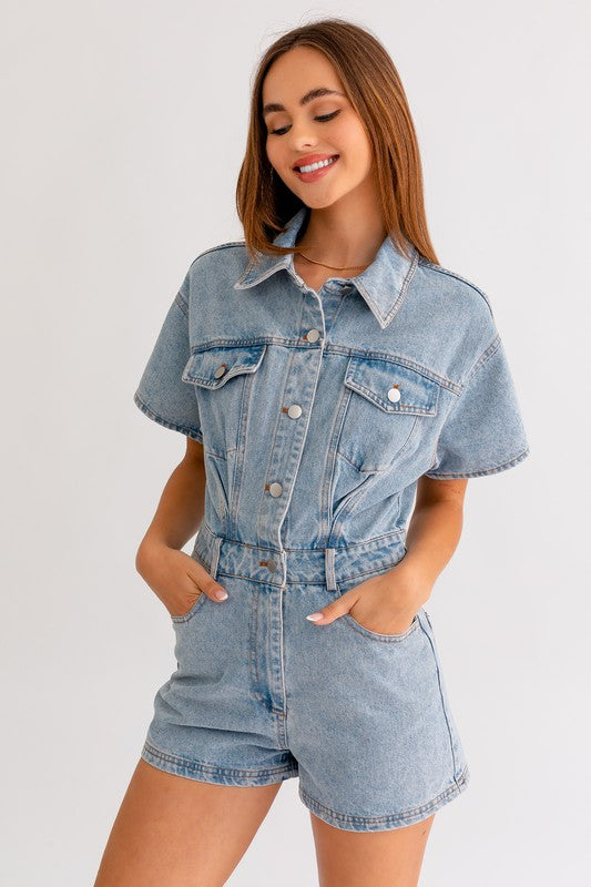 Short Sleeve Denim Romper - Matches Boutique