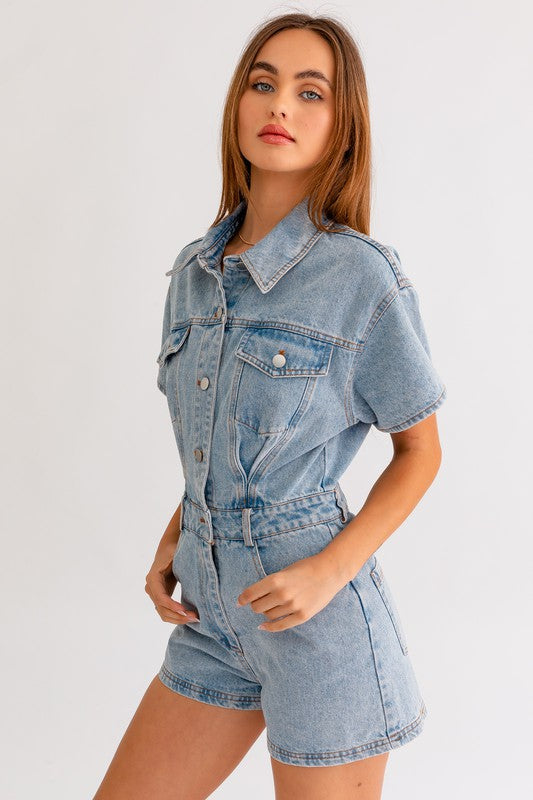 Short Sleeve Denim Romper - Matches Boutique