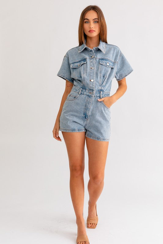 Short Sleeve Denim Romper - Matches Boutique