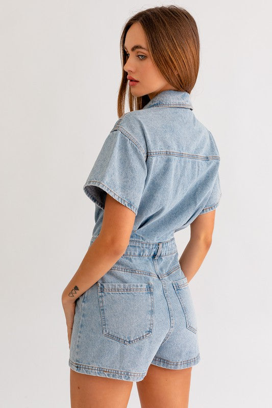 Short Sleeve Denim Romper - Matches Boutique