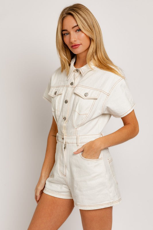 Short Sleeve Denim Romper - Matches Boutique