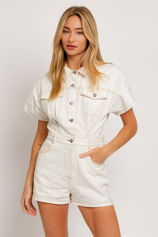 Short Sleeve Denim Romper - Matches Boutique