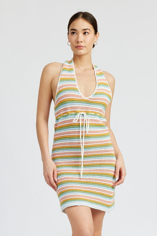 STRIPED CROCHET MINI DRESS WTIH HALTER NECK - Matches Boutique