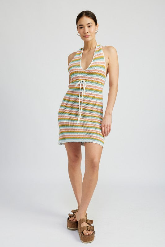 STRIPED CROCHET MINI DRESS WTIH HALTER NECK - Matches Boutique